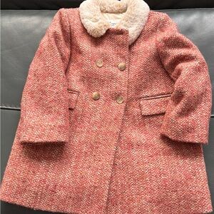 Bonpoint Pink Tweed Pea Coat with Faux Fur Collar